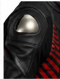 Armored jacket metallic shoulder armor close-up