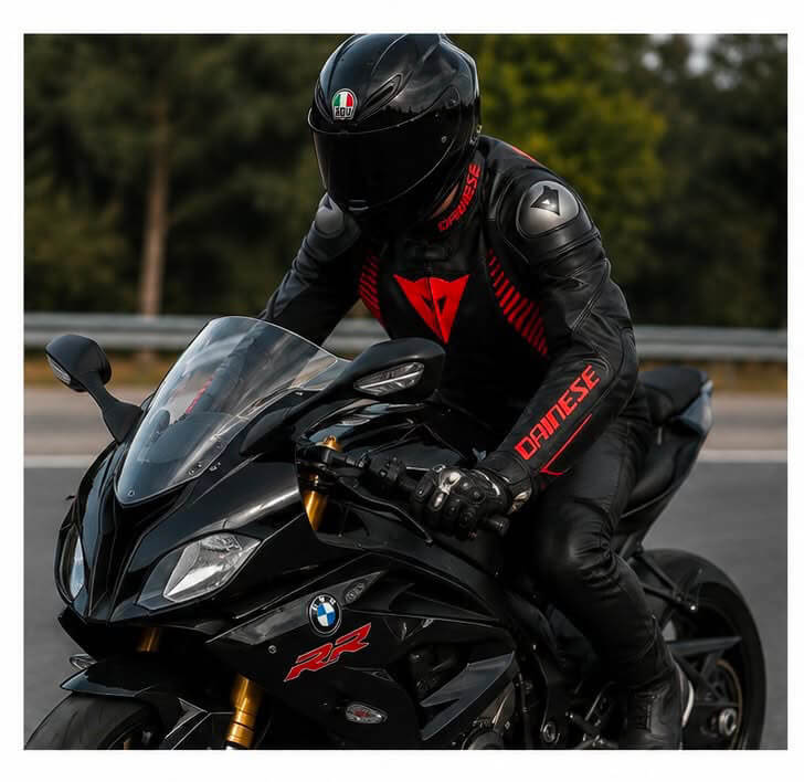 Rider on BMW S1000RR wearing black and red armored leather jacket