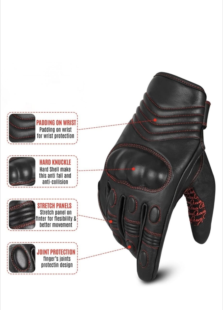 Black & Red Leather Biker Gloves - AM Pure Leathers