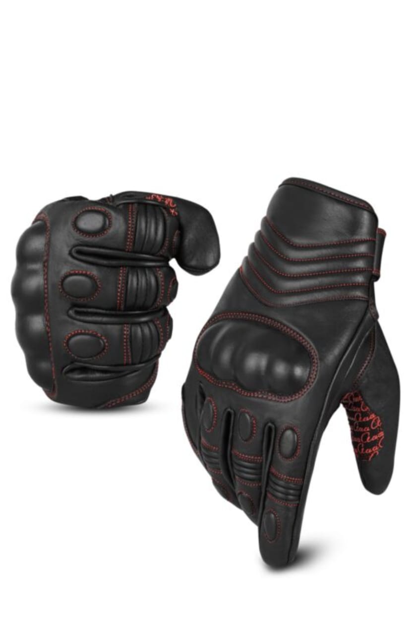 Black & Red Leather Biker Gloves - AM Pure Leathers