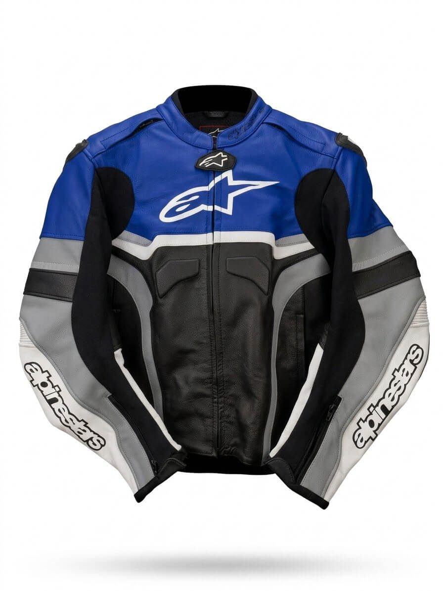 Men's Cowhide Leather Motorcycle Racing Jacket Blue Black – Front View | CE Level 2 | AM Pure Leathers