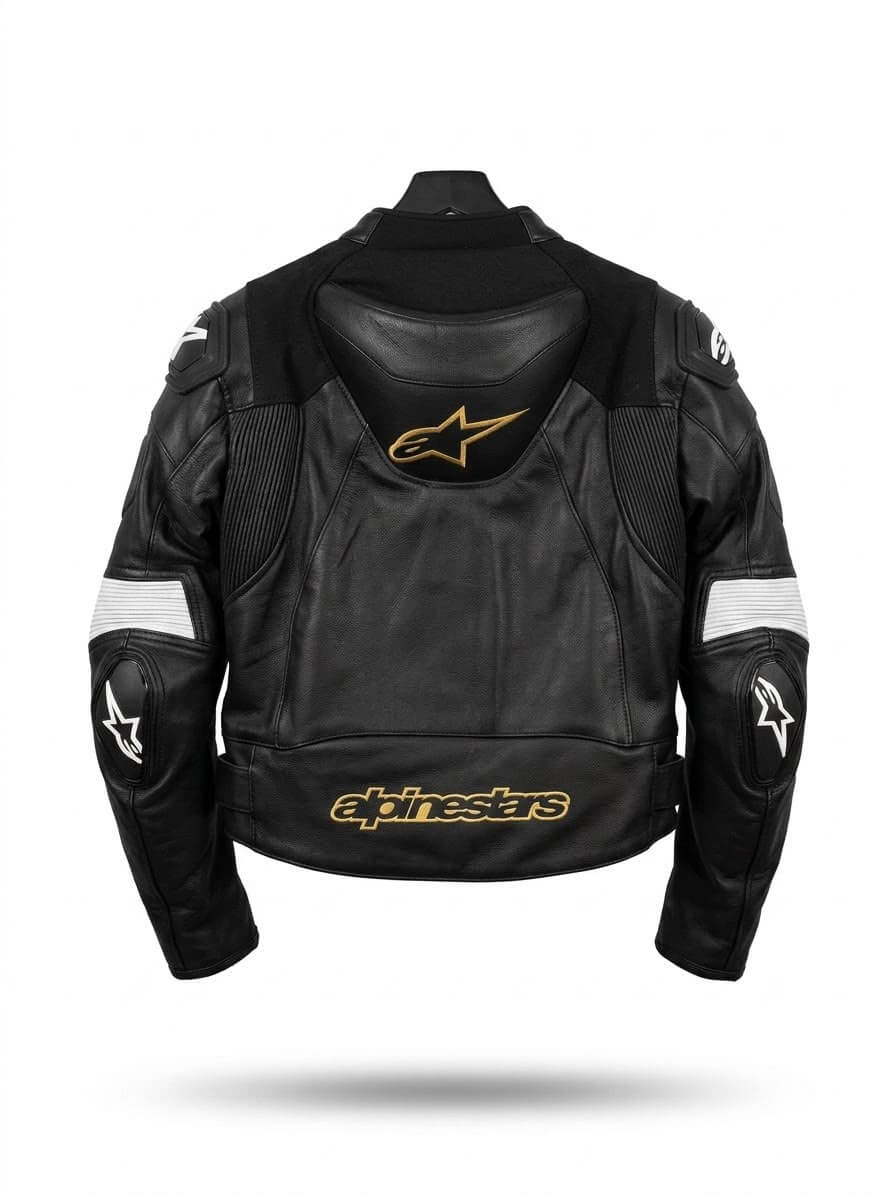 Mens Cowhide Leather Motorcycle Racing Jacket Black White Gold Back View CE Level 2 AM Pure Leathers