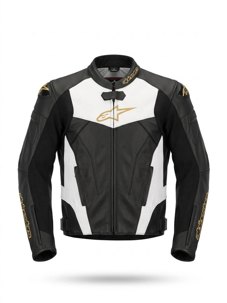 Mens Cowhide Leather Motorcycle Racing Jacket Black White Gold Front View CE Level 2 AM Pure Leathers