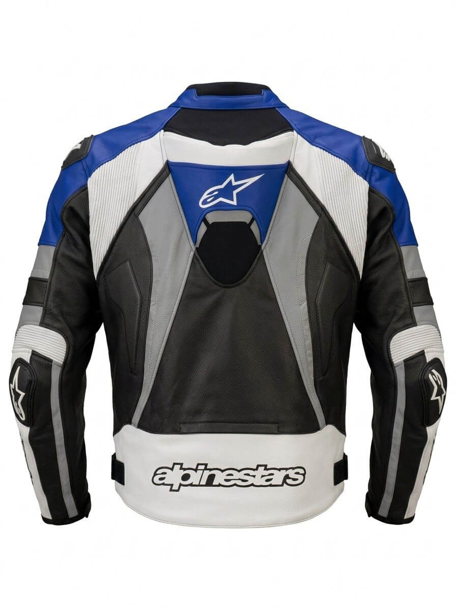 Men's Cowhide Leather Motorcycle Racing Jacket Blue Black – Back View | CE Level 2 | AM Pure Leathers