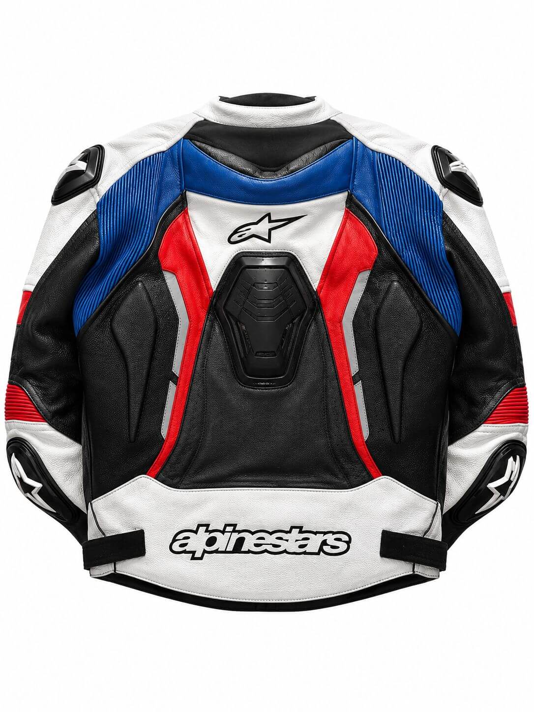 Mens Cowhide Leather Motorcycle Racing Jacket White Red Blue Back View CE Level 2 AM Pure Leathers