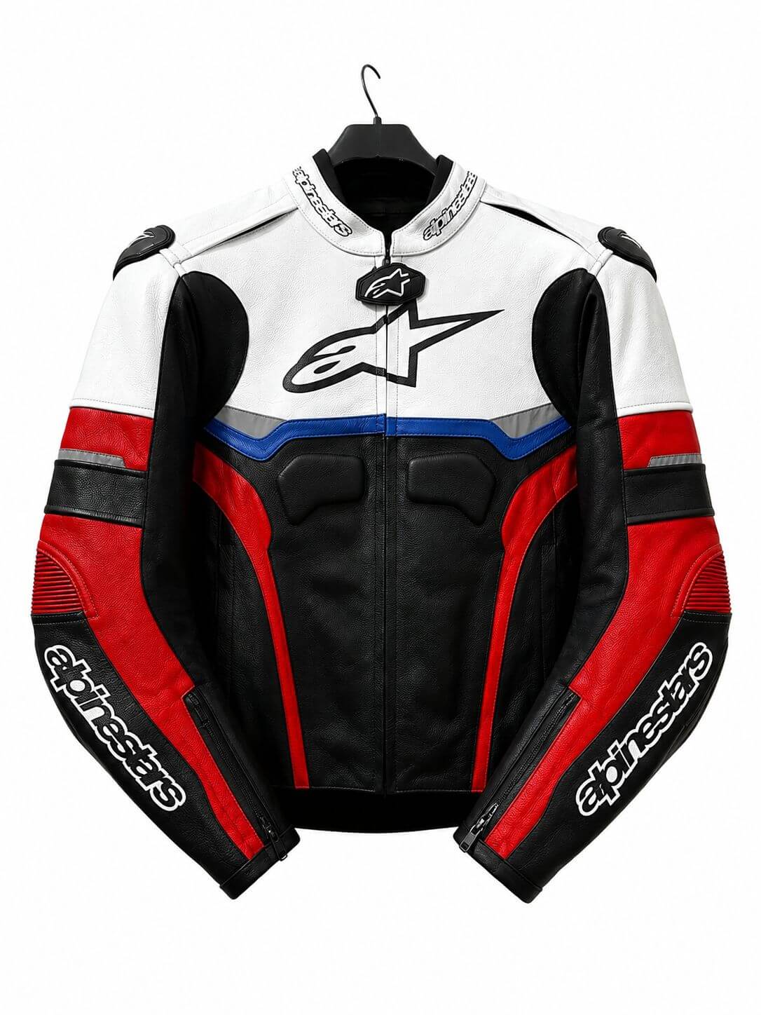Mens Cowhide Leather Motorcycle Racing Jacket White Red Blue Front View CE Level 2 AM Pure Leathers